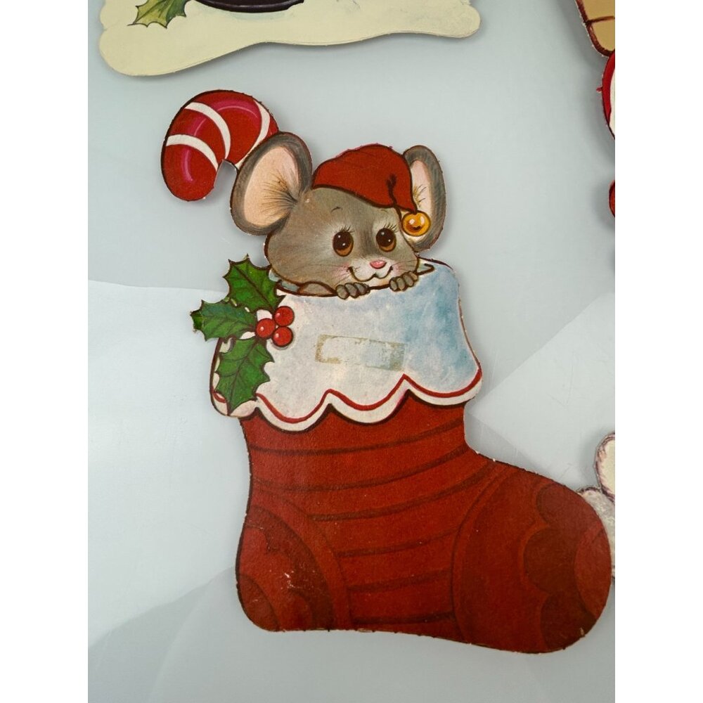 Vintage Christmas Red Velvet Accented Paper Cutout Decoration Mouse Elf Raccoon - Picture 12 of 16